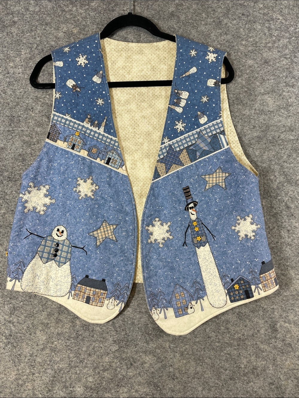 Vintage Winter Snowman Patchwork Vest Blue Cream Christmas Holiday Cottagecore - Picture 2 of 12